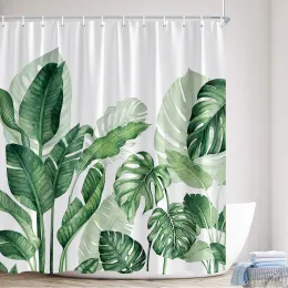 Tropiska blad växter duschgardin akvarell grön palm bladmonstera modernt polyester tyg badgardiner badrumsdekor