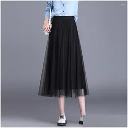 Spódnice vintage tle spódnica kobiety wysoką talię A-line plisowana siatka maxi długa panna młoda tutu Summer Casual Midi Drop Reliving Clo Dhnc7