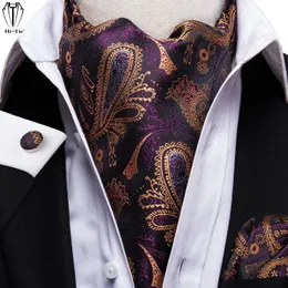 Hitie Purple Gold Paisley Silk Mens Ascots Hanky ​​Cufflinks Set Jacquard Cashew Vintage Cravat Tie Scarf för manlig bröllop Prom240409