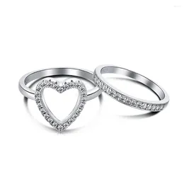 حلقات الكتلة S925 Silver Ring Hollow Heart Inn زوجية مكدسة وغير عادية مجوهرات