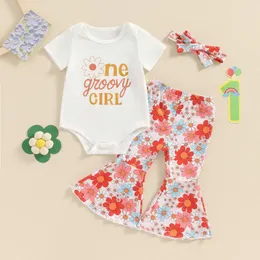 Conjuntos de roupas para menina de menina de aniversário, impressão de manga curta com calça floral e fita de cabeça 3 pcs