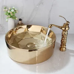 Kemaidi Luxury Gold Gold Ingot Ceramic Bassel Basin Bathroom Sink for Bathroom Faucets Bath Combine Mixer Set 7 Choice Style