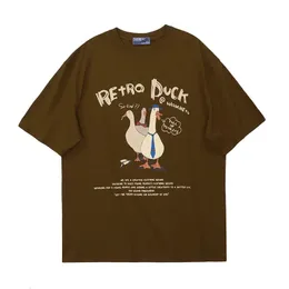 Gentleman Duck Print Cotton Tshirt American Cartoon Funny Casual Vintage Round Neck Youth Retro Graffiti Loose Tops 240402