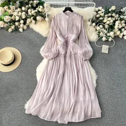 Vestidos casuais elegantes organza de primavera de manga de bagunça vermelha de manga longa moda feminina stand colar babados de vara alta roupas de festa