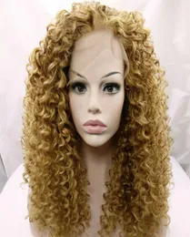 Синтетические парики термостойкие медовые блондинка афро -странные вьющиеся кружевные парики 27 светло -извращенные вьющиеся парики для афроамериканцев 9073363
