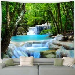 Arazzo del paesaggio forestale Fiori di piante verdi Cascata Ocean Beach Nature Garden Wall Hanging Home soggiorno arredamento