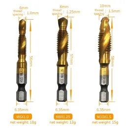 Tapanium Tap Drill Titanium banhado HEX Shank HSS parafuso rosca métrica Tap Bits Máquina de parafuso Composto M3 M4 M5 M6 M8 M10