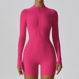 Dance Sport ciasny krótki kombinezon siłownia Kobiety Romper Długie rękaw z suwakiem Fitness kombinezon pełny ciało One Piece Joga Suit Black 240409