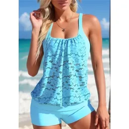 3D Schwimmkostüm Set Frauen Twopiece Bikini Sommer Blau Blumenbadeanzug Strandkleidung Print S6XL 240327