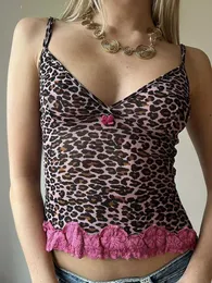 Kadın tankları Camis Rockmore Retro Dantel Çıkartma Leopar Baskı Sıkı Takım Korse Üstü Kadınlar İçin Vneck mahsul Camis Y2K Sokak Giysileri Kadın estetik Kumaş