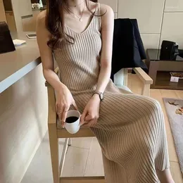 Casual Dresses Fashion Solid Knitted Suspender Dress Women Spring Autumn V-Neck Slim Mid Long Elegant Simple Office Lady