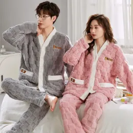 A quente grossa de flanela luxuosa casal de pijama de inverno define uma manga comprida feminina machos machos de pijamas roupas de noite de calça de noite doces de quimono