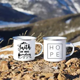 Canecas Faith pode mover o esmalte criativo da montanha Viagem ao ar livre Coffee xícaras de água meu deus esperança acampar para caminhada de suco de cola caneca