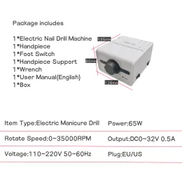 65W Strong Max 211 Electric Nail Drill 35k Strong 120ii Handled Meansence and Pedicure Machine Device Professional Device Professional