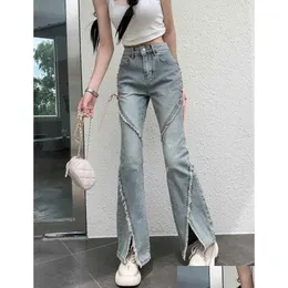 Женские джинсы American Split Women Pink Bangage High Ilgar Splicar Denim Bants Брюки на молнии