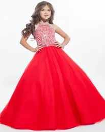 2020 Red Ball Gown Girls Pageant Dresses High Neck Halter Silvery Crystal Tulle Backless Toddler Little Girls Pageant Dresses9492473