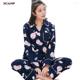 Домашняя одежда XCAMP PAJAMA для женщин осень осень и зима 2024 Top милые хлопковые ночные рубашки Comforatble V-образные наборы