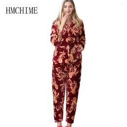 Heimkleidung zweiteilige Pleuche Frauen Pyjamas Elastische Taille Drehen Sie Kragen Single Breauzierte weibliche Nachtwäsche auf Warm Winter Frau Pyjama