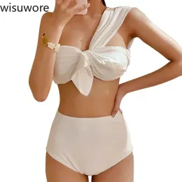 Wisuwore One Shoulder Bikinis Set Sexig hög midja kvinnors baddräkt Summer badkläder kvinnor 2023 Ny solid baddräkt strandkläder