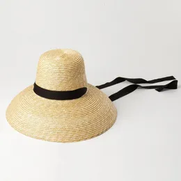 Kvinnor Summer Big Floppy Hat Wheat Straw With Black White Ribbon Spets Tie 15cm Wide Brim Sun UV Protection Beach Cap240409