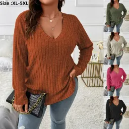 2024 TEES TEES المحبوكة للسيدات بالإضافة إلى الحجم مثير V-DEACT Long Sleeve Girls Solid Color T-Shirt Autumn Winter Sweater Tops