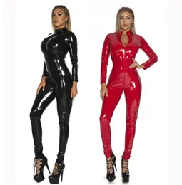 Women039s Jumpsuits Rompers Sexy Pu Latex CatSuit Women Black Red Wetlook Faux Leather Bodysuit Shinning Costume dragkedja Öppet 2137894