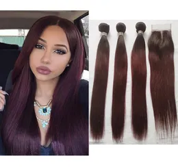 Brasilianer Ombre 1B99J Burgund Straight Human Hair Webe 3 Bündel mit Spitzenverschluss Anbietern Brasilianisch Jungfrau Farbig Haare Extens2280966