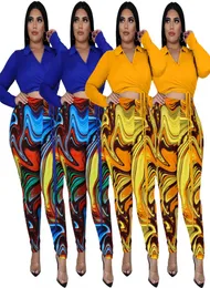 Zjfzml ZZ Women Clothing 2 قطعة مجموعة بالإضافة إلى الحجم المنخفض طوق الأكمام الطويلة Topart Print Pant Drop Whole9823287