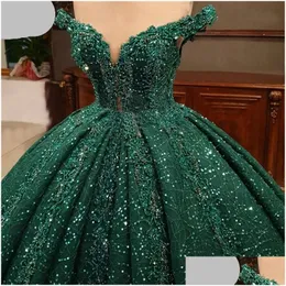 Планки Quinceanera Blackshist Green Sequien Flower Girls Dress Shoder Shiny Beads Ball Hown Sweet 16 -летняя принцесса для 15 Del Otzv5