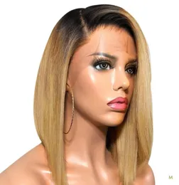 T1B27 BOB curto 13x4 Lace Frente Human Human Wigs for Women Honey Blonde 130 ombre Color Remy Borgonha T1B99J Middle Ratio JKO4980663