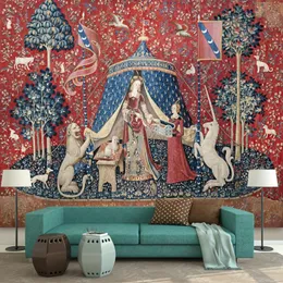 Belgian Lady And a Unicorn in Captivity Tapestry Medieval Tapestries Wall Hanging Printed Home Decor Background Room Decoration