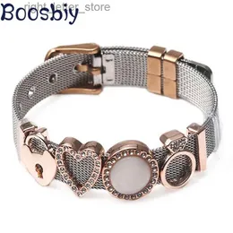Bangle Boosbiy Fashion Stainless Steel Mesh Brand Bracelet DIY Crystal Heart and Lock Charm Bracelet and Bracelet yq240409