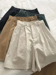 Cotton Linen Shorts Women Streatwear High Waist Wide Leg Suit Casual Summer Sport Pleated Female Loose Button Pants 240403