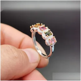 Cluster Rings Natural Mti-Color Tourmaline Sier Ring Total 0.6Ct M 4Mm October Birthstone Gift For Woman Drop Delivery Jewelry Dhvji