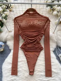 Singreiny Autumn Mesh Basic Top Women Turtleneck långärmad Ruched Open Crotch Slim Playsuits Fashion Sheer Sexy Bodysuits 240408