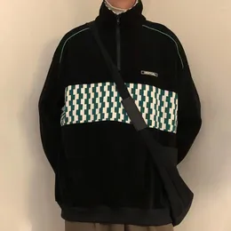 Mäns hoodies Checkerboard Top Waffle Half-Zip Sweatshirt Retro dragkedja för män Löst fit streetwear med stand