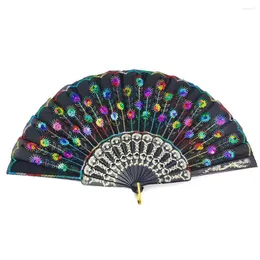 Dekorativa figurer 23cm Rainbow Nail paljetter Maskros Sunflower Peacock Tail Tyg Hand Folding Stage Fan Cosplay Party Dance Props Cool