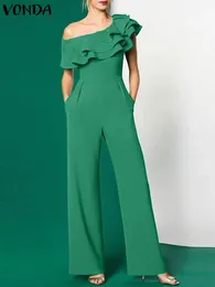 Plus storlek 5xl Vonda Elegant Office Jumpsuits Women Long Rompers 2024 Summer Casual Solid Color Ruffled Off Shoulder Overalls 240403