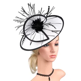 Bröllopsfest kvinnor Sinamay Hat Feather Flower Fascinators Hair Clip Tea Pillbox Derby Fedora Church Headpiece 240401