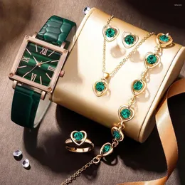 Wristwatches 6PCS Ladies Fashion Simple Star Rhinestone Romanis Leather Quartz Watch Emerald Love Luxury Earrings Necklace Bracelet Gift Set