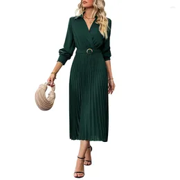 Casual Dresses Qybian Women's Fall 2024 Midi Dress Long Sleeve V Neck Belted Dot Pleat A-Line Flowy