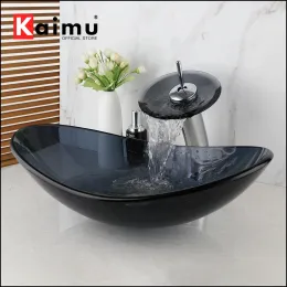 SINLAKU Tempered Glass Oval Washroom Basin Vessel Vanity Set Transparent Bathroom Washbasin Brass Mixer Tap Faucet With Drain