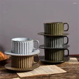 Mugs Vintage Vertical Stripes Kiln-Turned Ceramic Coffee Mug And Saucer Set Afternoon Tea Pull Flower Milk Latte Cup Drinkware