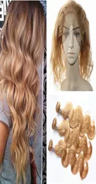 Zamknięcie przednie 360 ​​koronkowych zamknięcie z wiązkami fali ciała 27 Miod Blond Brazylijskie dziewicze włosy Human Hair 3pcs z 360 opaską koronką C6158076