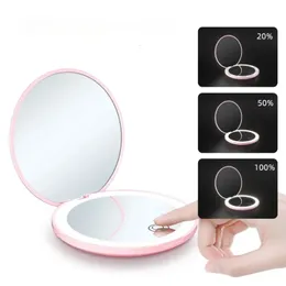 Mini LED Luminous Makeup espelho redondo portátil dobrável pequeno compacto com espelhos de ampliação de mão leve 240409