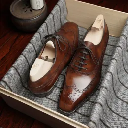 Сапоги мужская обувь Brogue Brown Black Square Toe Laceup Office Career Those Business Menmade Men's Shoes Бесплатная доставка