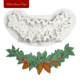 3d julren/pinjen mutterblad krans silikon mögel fondant choklad mögel diy lera modell kakan dekorera verktyg baksida
