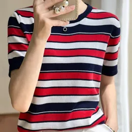 Женская летняя хлопковая спортивная футболка легкая рубашка базы женская короткий рукав с коротким рукавом полосатый и дышащий 240409