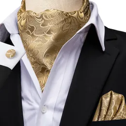 Hitie goldene Seide Herren Ascot Hanky Manschettenknöpfe Set Jacquard Floral Paisley Vintage Formal Cravat Krawatte für männliche Hochzeitsfeier Geschenk240409