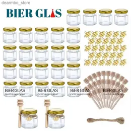 Food Gläser Kanister 1,5oz Hexaon Mini Lass Jar Holzdaucher Old Deckel Anhänger Jute Rope Set oder kleine Behälter Flaschen für Marmelade Süßigkeiten Honig L49